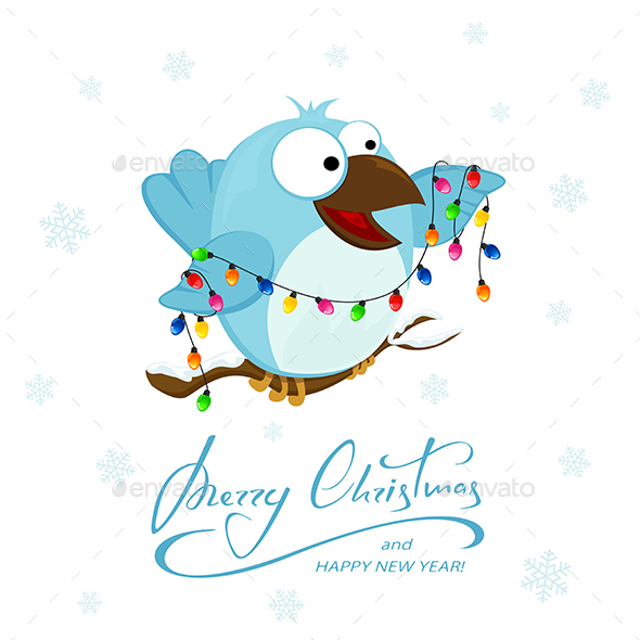 Blue Bird with Christmas Lights on a Snowy Background - Animals Characters