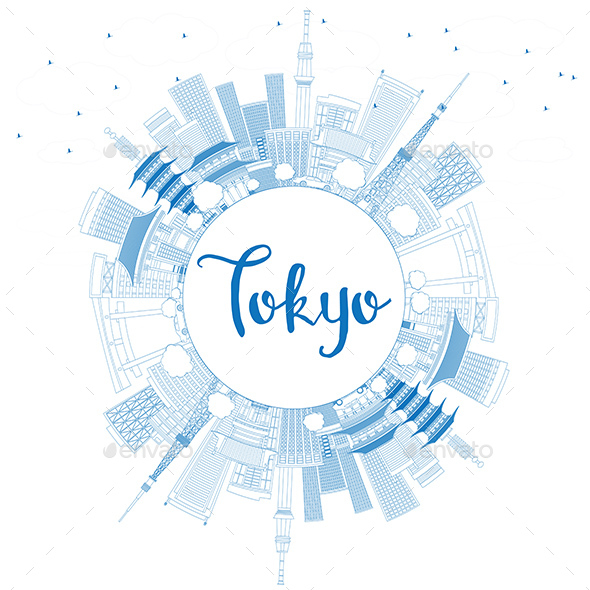 Outline Tokyo Skyline with Blue Buildings and Copy Space - Buildings Objects
