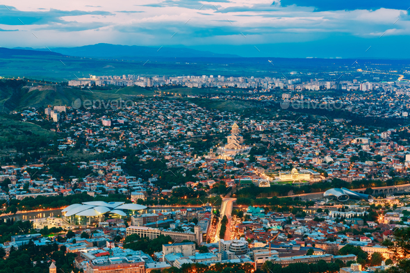 Tbilisi Georgia. Evening Summer Scenic Aerial Cityscape With Fam - Stock Photo - Images
