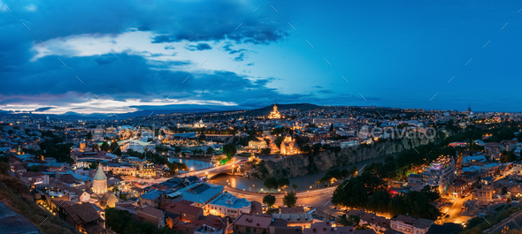 Tbilisi Georgia. Scenic Panoramic Top View Of Cityscape In Eveni - Stock Photo - Images