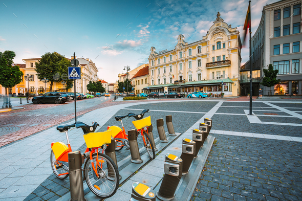 Vilnius Lithuania. Two Bicycles For Rent At Municipal Parking On