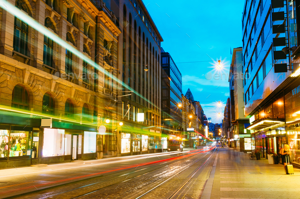 Helsinki, Finland. Tram Departs From A Stop On Street Aleksanter - Stock Photo - Images