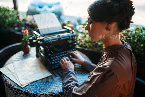 Portrait young lady retro style in cafe - Stock Photo - Images