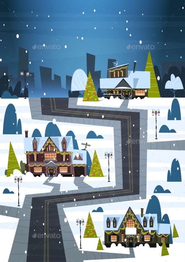 GraphicRiver Winter Street With Houses Covered Snow Merry 20818179