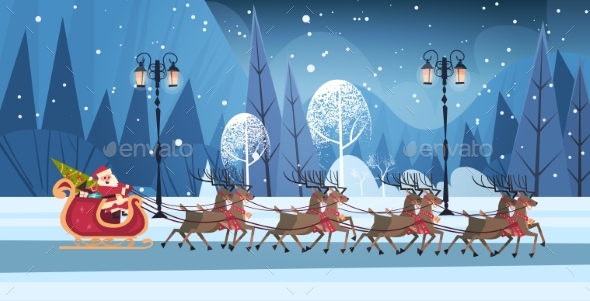 Santa Riding In Sledge With Reindeers, Merry