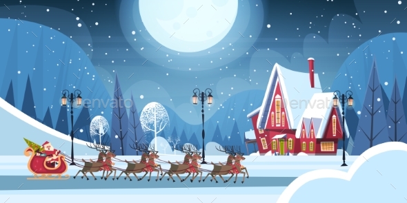 Santa Riding In Sledge With Reindeer