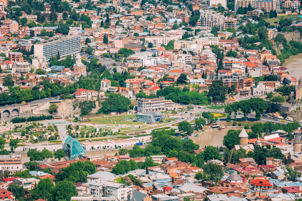 Tbilisi Georgia Aerial View Of Bridge Of Peace Over Mtkvari Rive - Stock Photo - Images