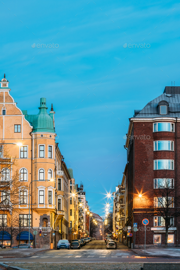 Helsinki, Finland. Residential House Building At Intersection Of - Stock Photo - Images