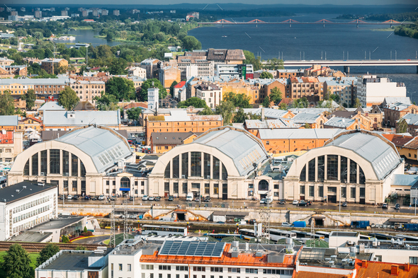 Riga, Latvia. Aerial Cityscape In Sunny Evening. Famous Landmark - Stock Photo - Images