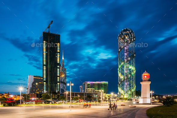 Batumi, Adjara, Georgia. Under Construction Skyscraper, Illumina - Stock Photo - Images