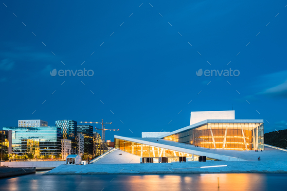 Oslo Norway. Evening View Of Illuminated Opera Ballet House Amon - Stock Photo - Images