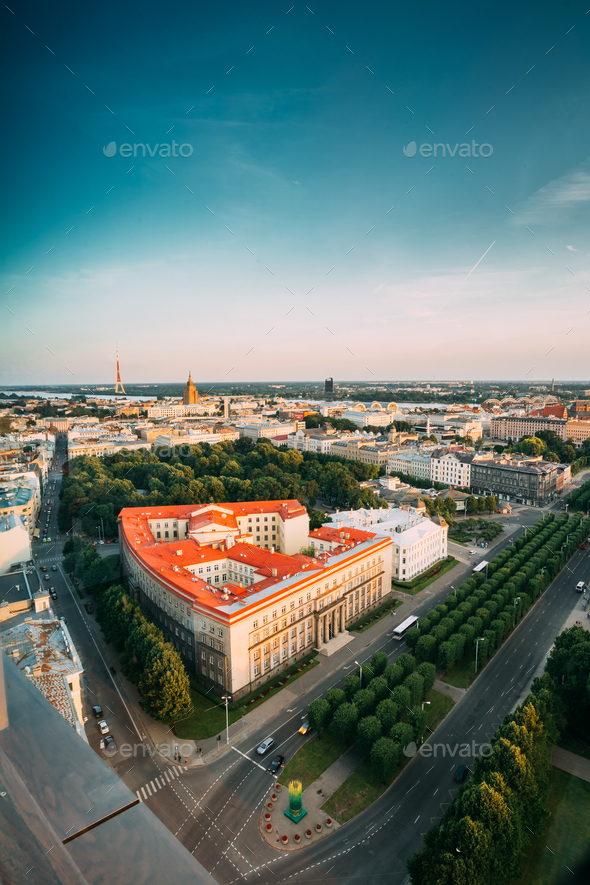 Riga, Latvia. Riga Cityscape. Top View Of Buildings Ministry Of