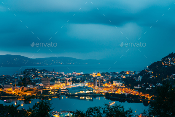 Bergen, Norway. Panoramic View Cityscape Of Bergen And Harbor Fr - Stock Photo - Images