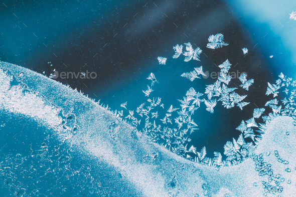 Blue Frosty Glass Ice Background, Natural Beautiful Snowflakes F - Stock Photo - Images