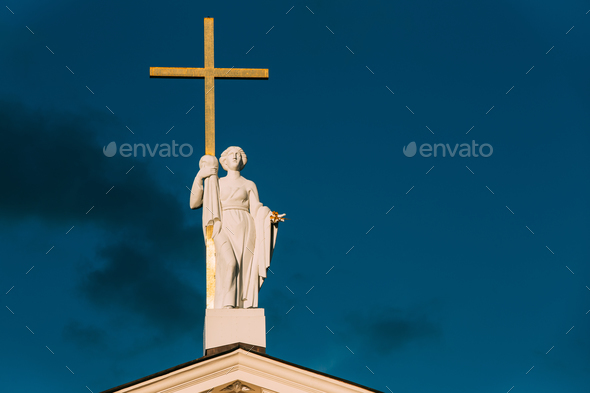 Vilnius, Lithuania. Close View Of Statue Of St. Helena With Cros - Stock Photo - Images