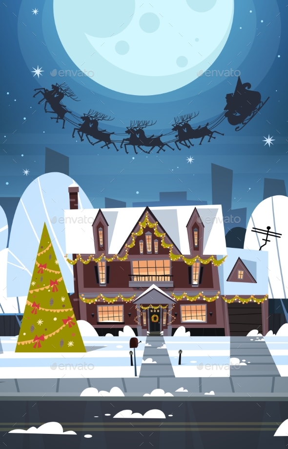 Santa Flying In Sledge With Reindeers In Sky Over - Seasons/Holidays Conceptual