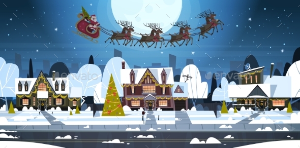 Santa Flying in Sledge With Reindeer in Sky Over - Christmas Seasons/Holidays