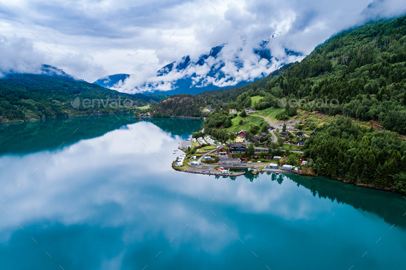 Beautiful Nature Norway Aerial view of the campsite to relax. - Stock Photo - Images