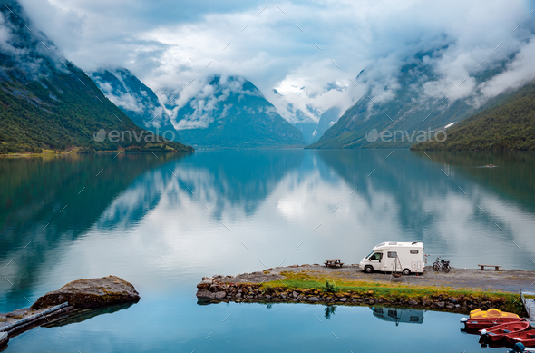 Family vacation travel RV, holiday trip in motorhome - Stock Photo - Images