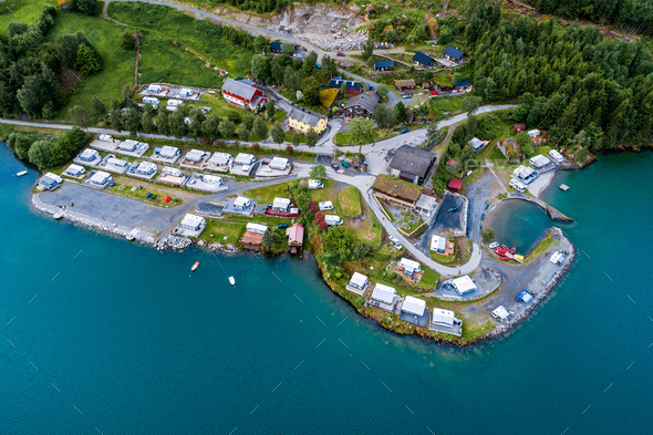 Beautiful Nature Norway Aerial view of the campsite to relax. - Stock Photo - Images