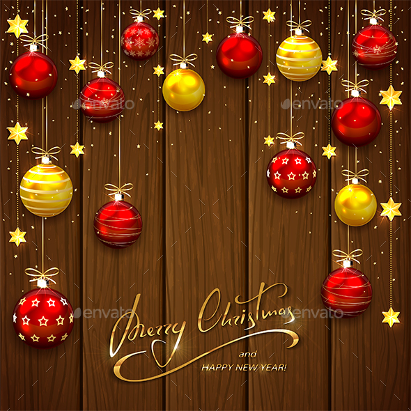 Christmas Balls and Stars on Wooden Background