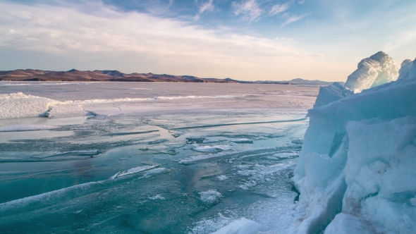 Icebergs During Sunset in Glacier Lagoon on Lake Baikal