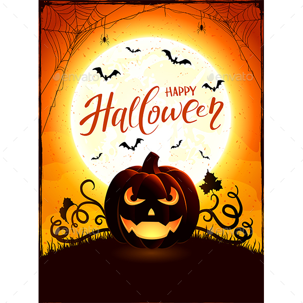 Orange Halloween Theme with Jack O Lantern on the Moon Background