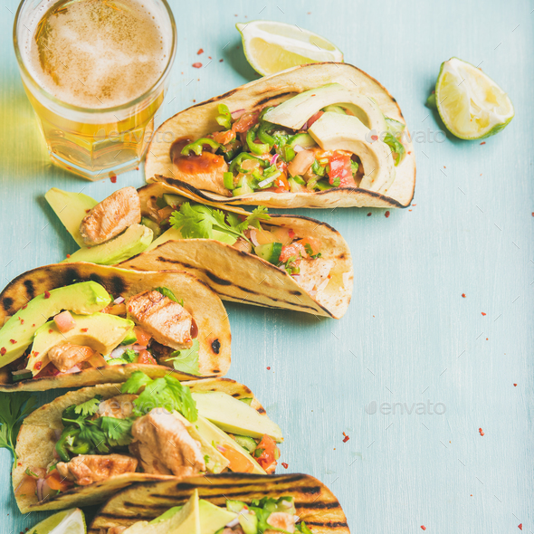 Corn chicken and avocado tortillas, beer in glass, square crop - Stock Photo - Images