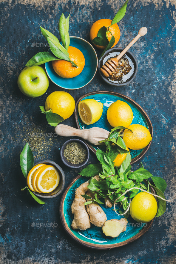 Ingredients for making natural hot drink in blue ceramic plates - Stock Photo - Images