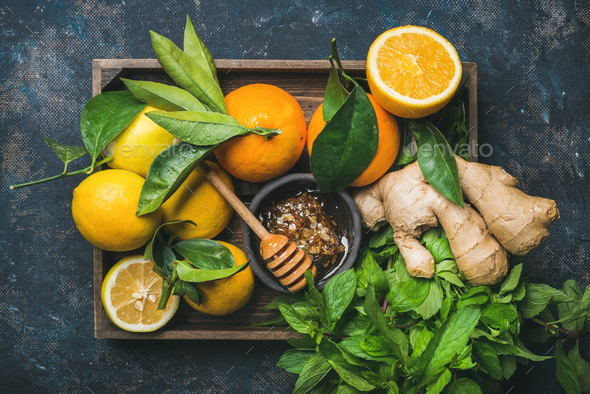 Ingredients for making immunity boosting natural hot drink in box - Stock Photo - Images
