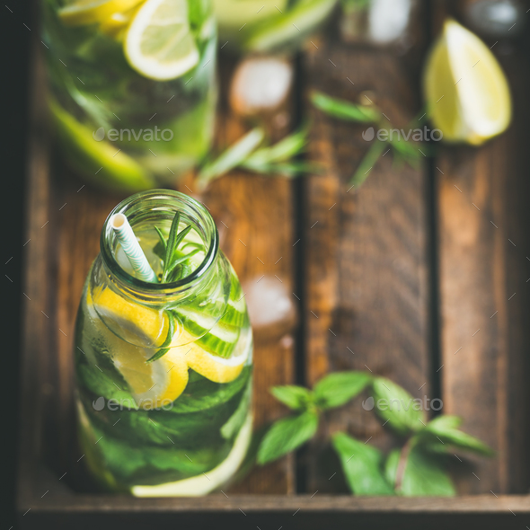 Citrus fruit and herbs infused sassi water for dieting - Stock Photo - Images