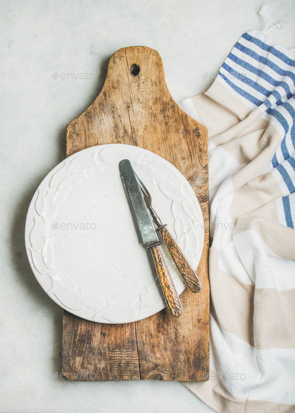Mediterranean style table setting over grey marble background - Stock Photo - Images