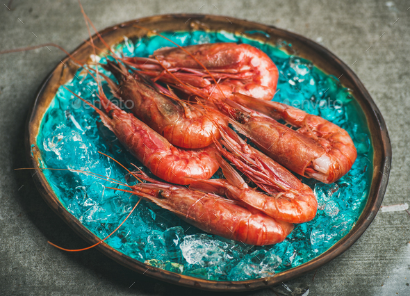 Raw uncooked red shrimps on chipped ice, selective focus - Stock Photo - Images