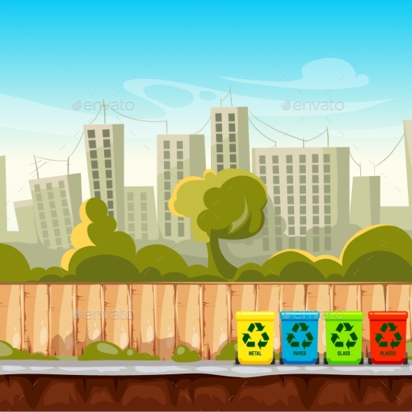 Recycle Waste Bins with Cityscape Background - Buildings Objects