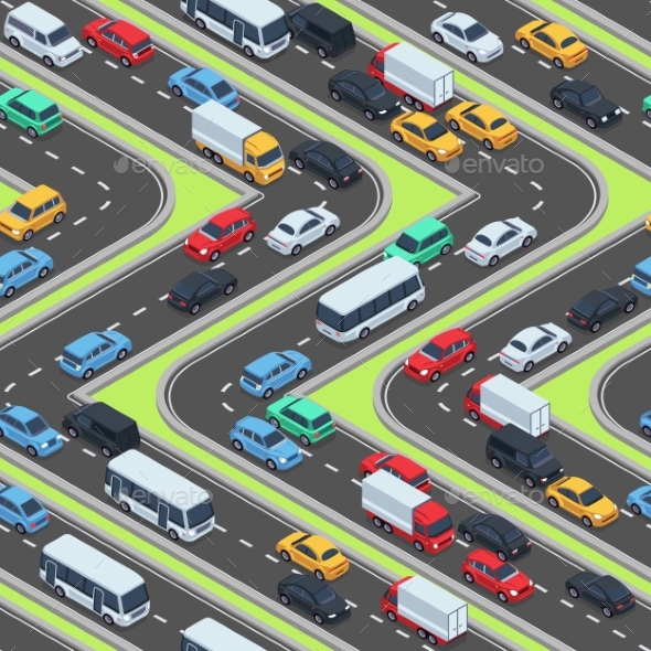 Urban Cars Seamless Texture. Isometric Roads and