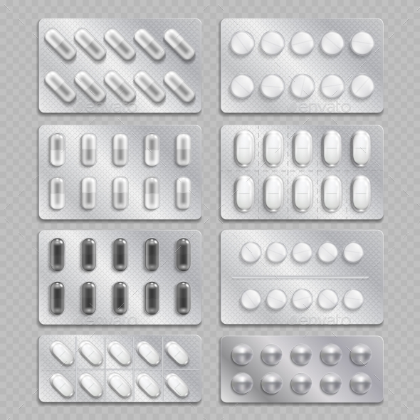 Realistic 3d Drugs Packaging, Painkiller Pills - Objects Vectors