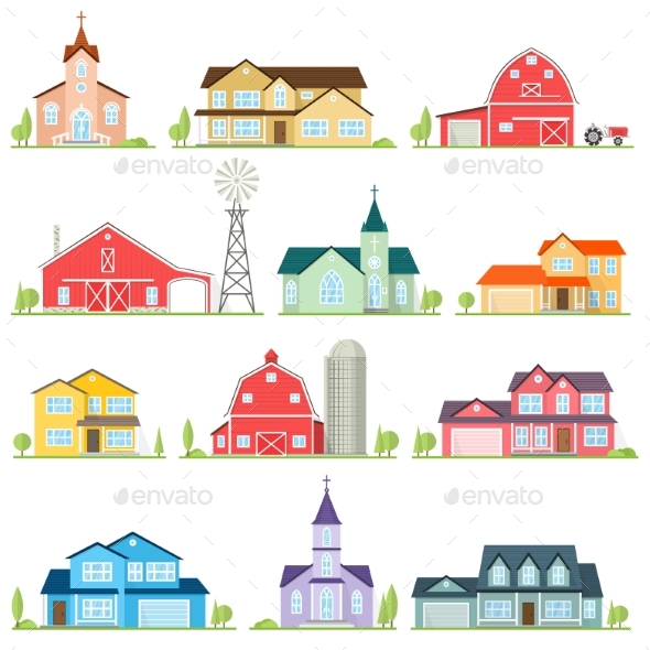 Set of Vector Flat Icon Suburban American Houses - Buildings Objects