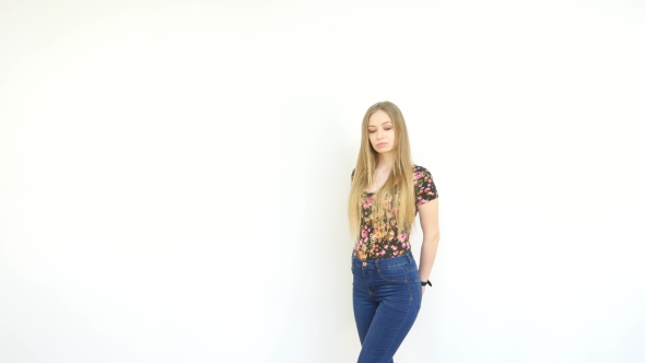 Shy Girl Posing on White Background