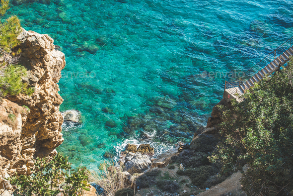 Way down to lagoon and turquoise sea waters, Turkey - Stock Photo - Images