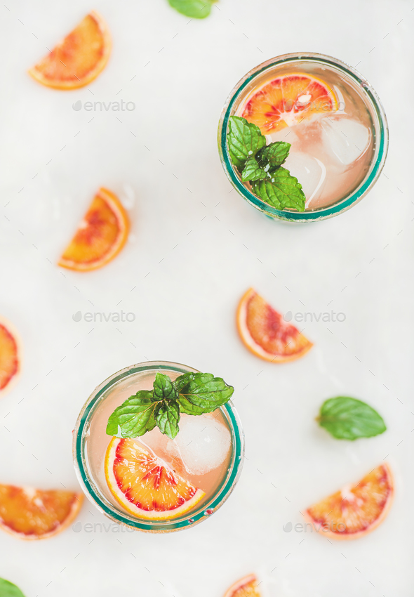 Blood orange fresh summer lemonade in glasses, top view - Stock Photo - Images