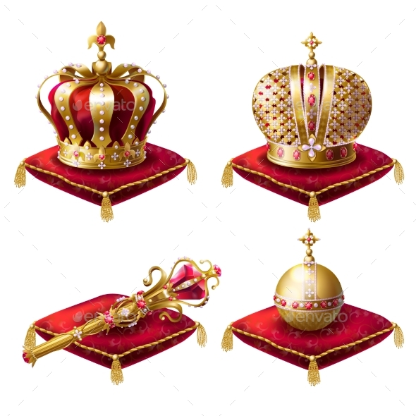 Royal Crowns, Scepter and Orb Realistic Vector Set - Man-made Objects Objects