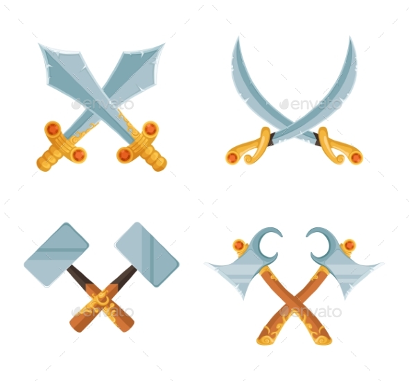 Vector Set of Cartoon Game Design Crossed Sword - Objects Vectors