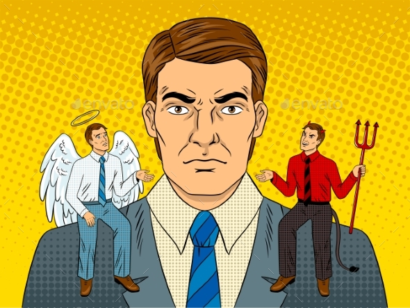 Devil and Angel on Shoulders Pop Art Vector - People Characters