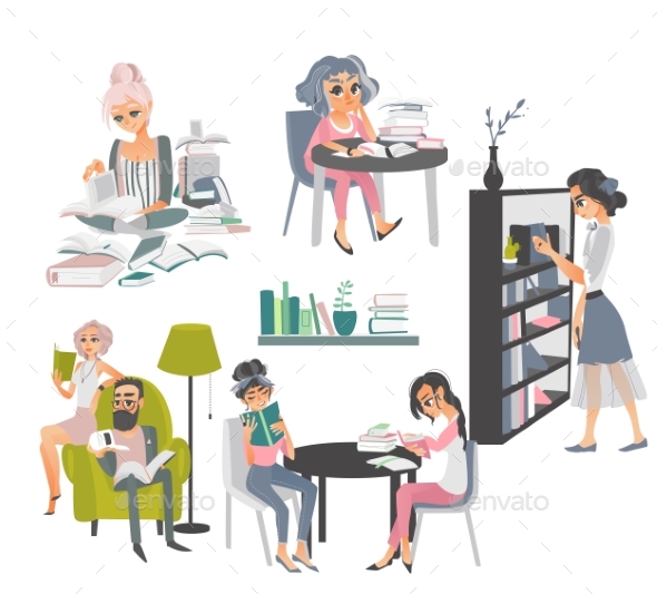 Set of People Reading Books in Library - People Characters