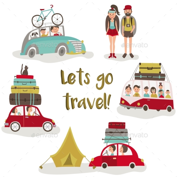 GraphicRiver Road Trip Concept Set of People Trvelling By Car 20830879