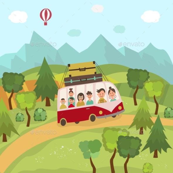 Family Travelling By Bus in Countryside, Fields - Nature Conceptual