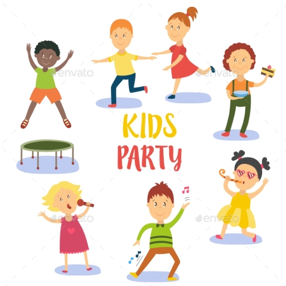 Set of Kids, Children Having Fun at Birthday Party - People Characters