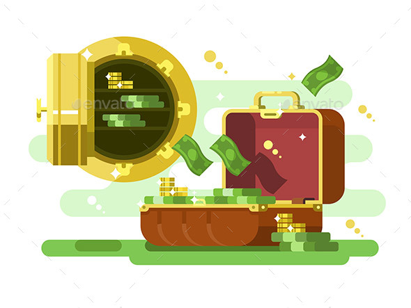 Suitcase and Safe with Money and Golden Coins - Business Conceptual