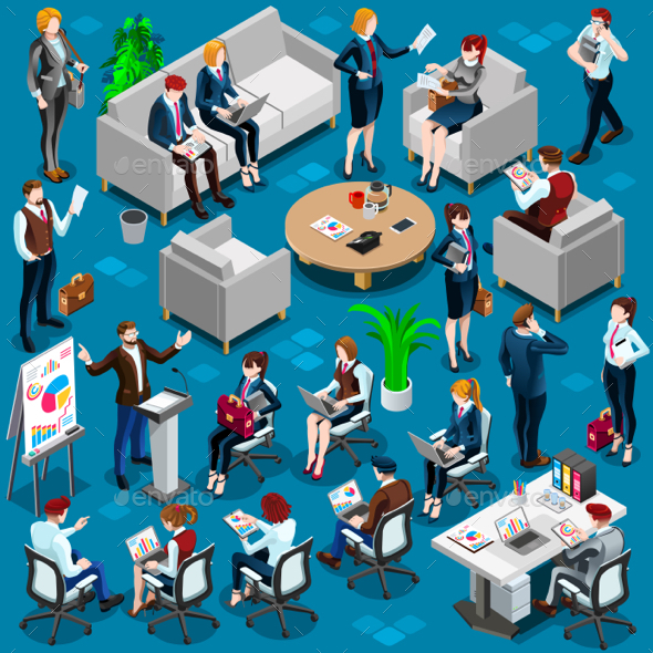 Isometric People Young Boss 3D Icon Set Vector Illustration - Vectors