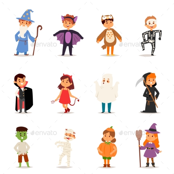 Kids Wearing Halloween Party Costumes Vector.